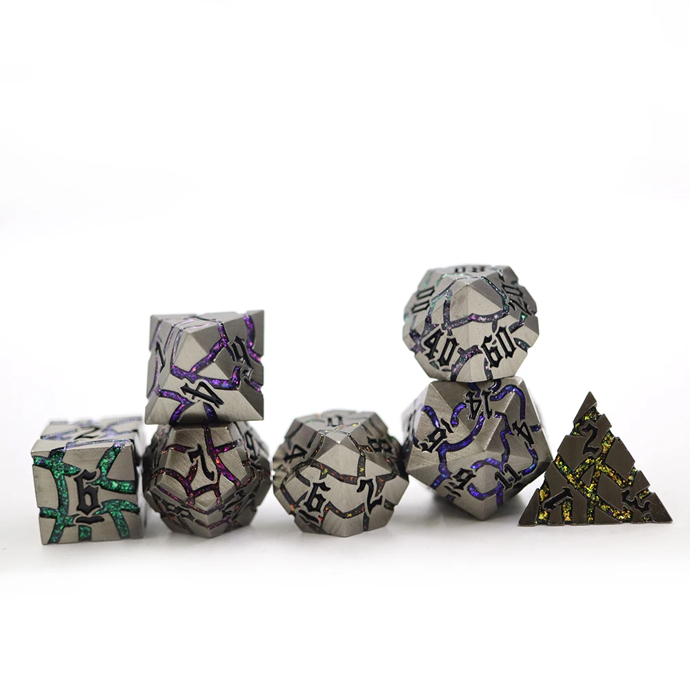 Polyhedral Dice Starry Green Blue Colorful Mica Glitter Sharp Edge Cracked Dice Set With Black Number For Dnd Board Game