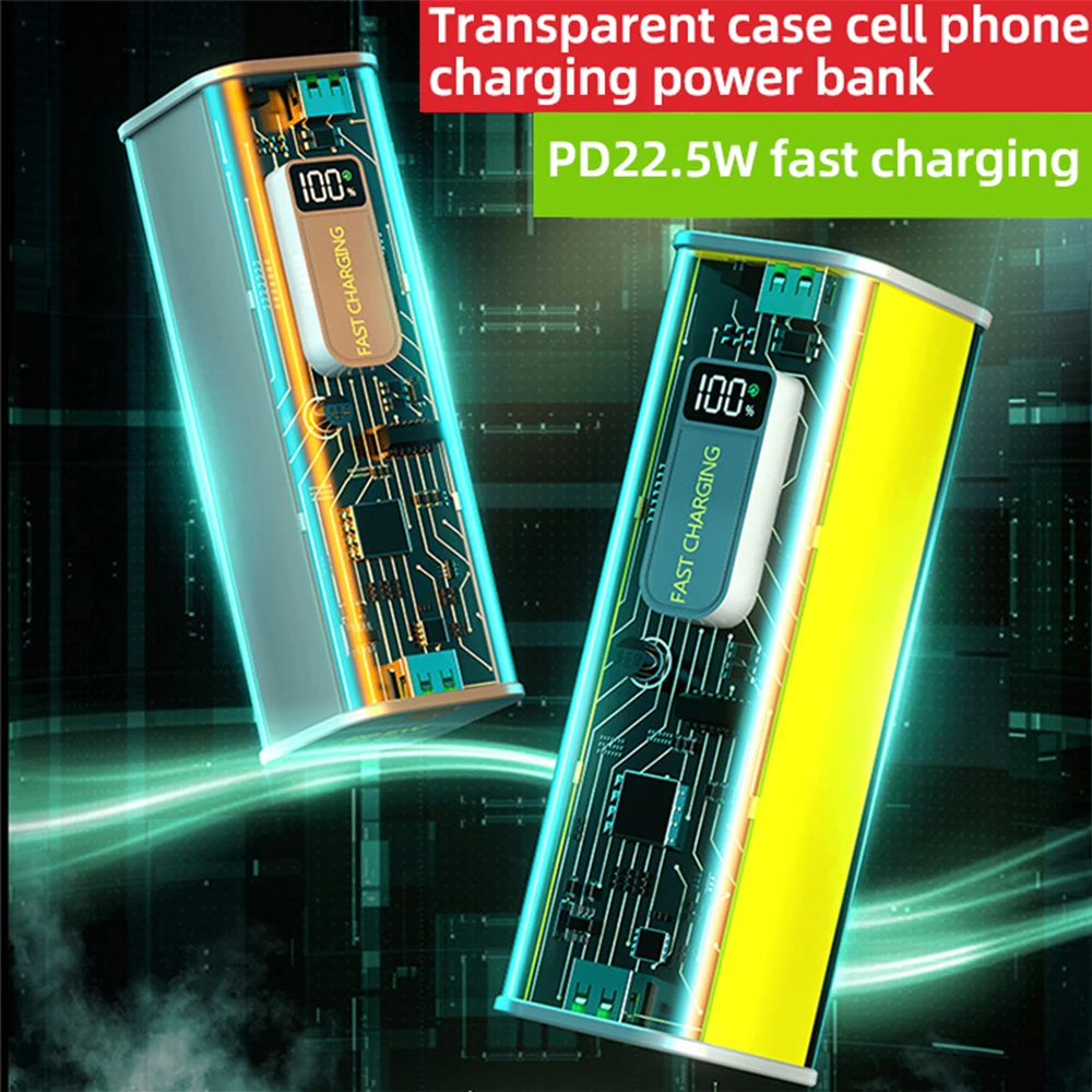 Two Way PD20W 20000mah 22.5W QC PD PPS Multiprotocol Transparent LED Digital Display 21700 Battery DIY Fast Charge Power Bank