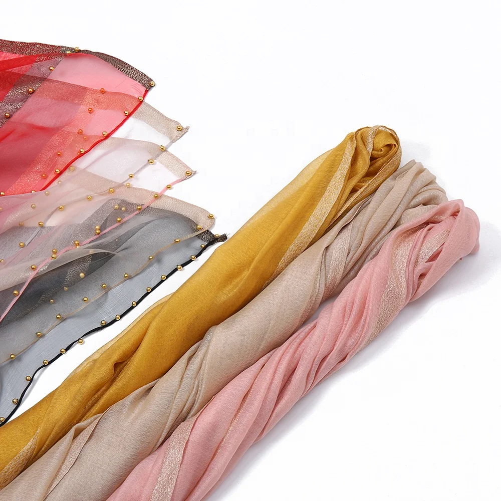 JYL-Customization Solid Muslim Silk Hijab Scarf Women Scarf With Pearls For Ladies Shawls Cashmere Pashmina Scarf Pure Wraps