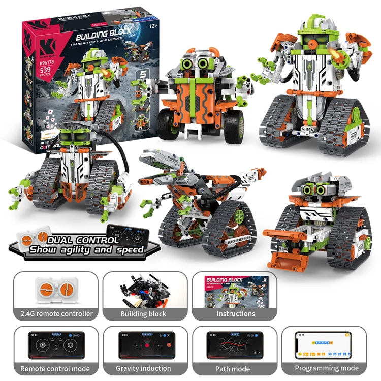 593 Pcs 5 in 1 APP Control Programming Robot Building Blocks Kit Science 2.4Ghz Rechargeable RC Stunt Racer Tank 3D Toy