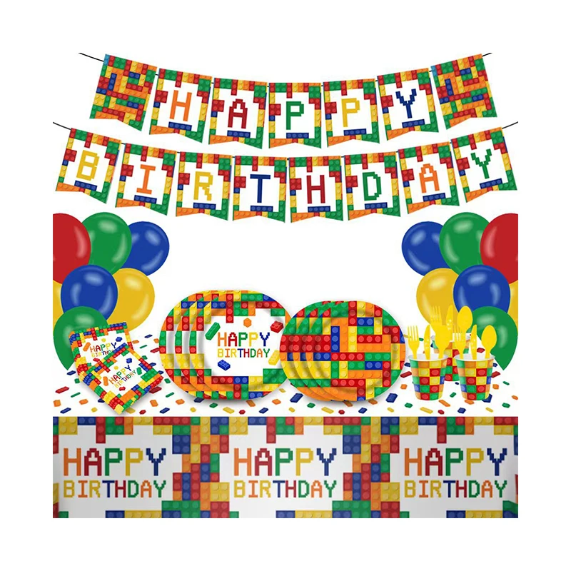 LUCKY Blocks Birthday Party Supplies Building Blocks Party Decoration Colorful Building Tableware Set Disposable plate