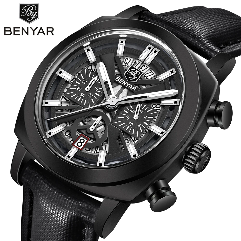 Benyar Luxury Chinese Luminous Chronograph Watch 5205 PC Case Alloy Leather Strap Buckle Clasp High Quality Quartz New Design