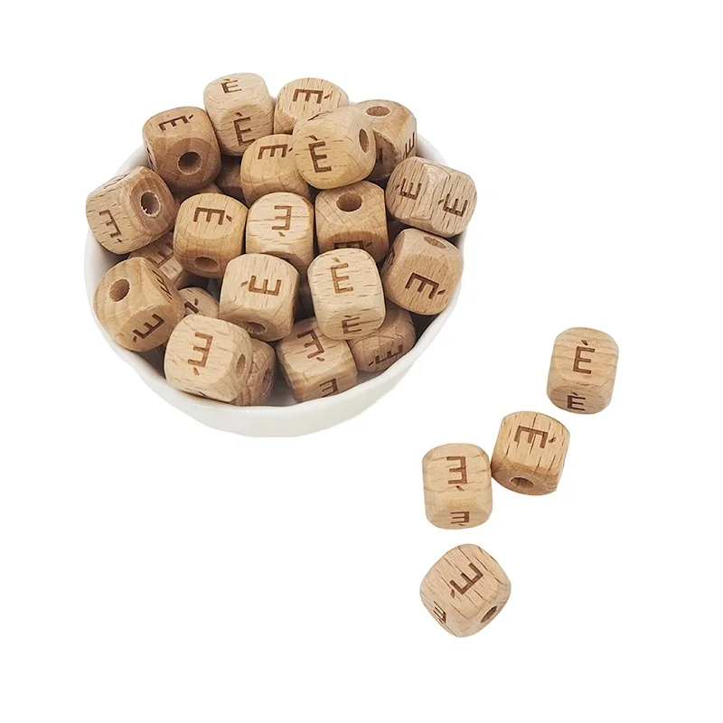 High Quality Eco Friendly  Beech Wooden Square Bead Baby DIY Necklace Letter Wood Teething Beads