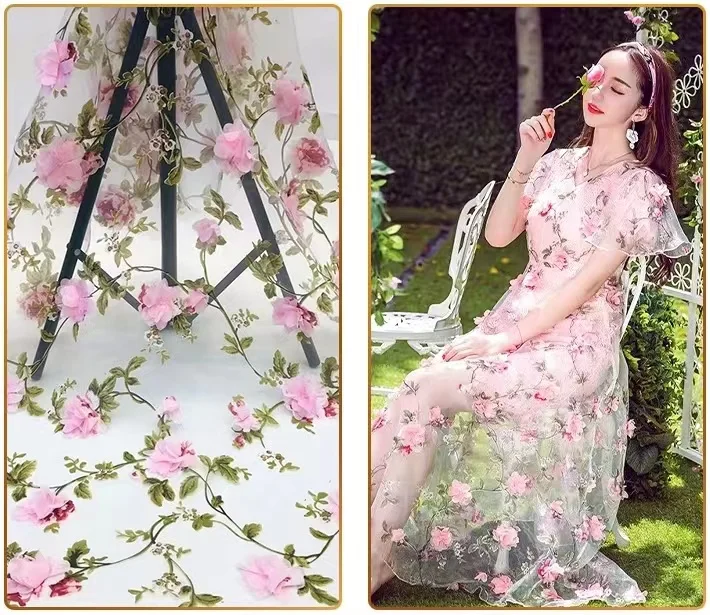 Organza wedding dress 3D lace fabric embroidery flower dress fabric