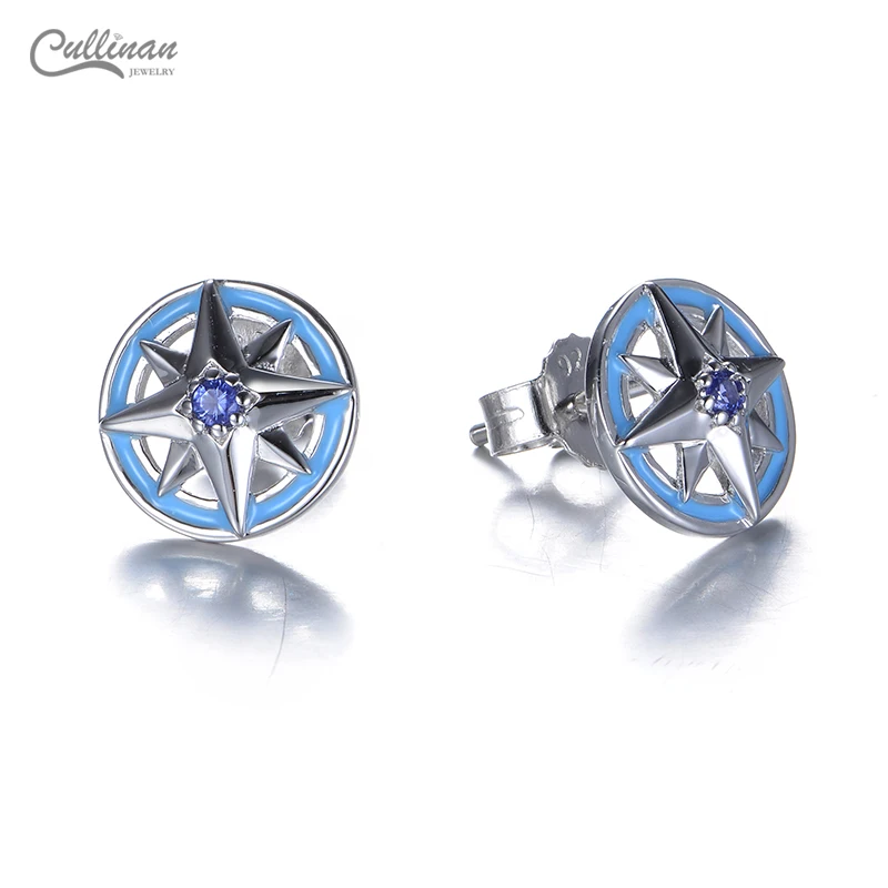 
925 Rhodium-Plated Silver Powder Blue Zircon Enamel Compass Ring Hollow Design Wholesale Jewelry Earrings For Women 