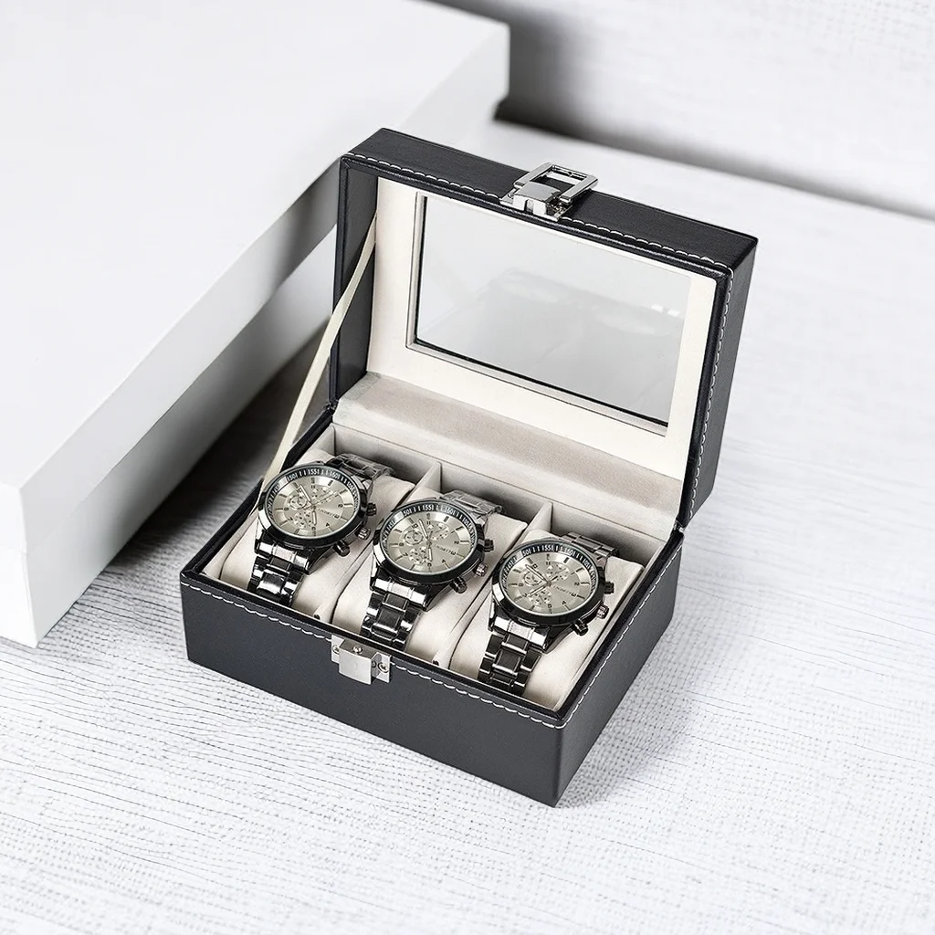 Wholesale spot PU leather Watch Box Luxury Black Gift Packaging  Square Watch Box 3 slots