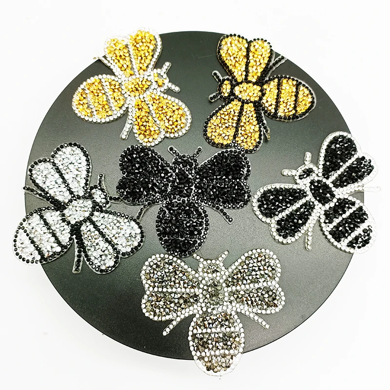 small MOQ ready to ship bee design diamond iron on rhinestone applique hot fix crystal patch for garment