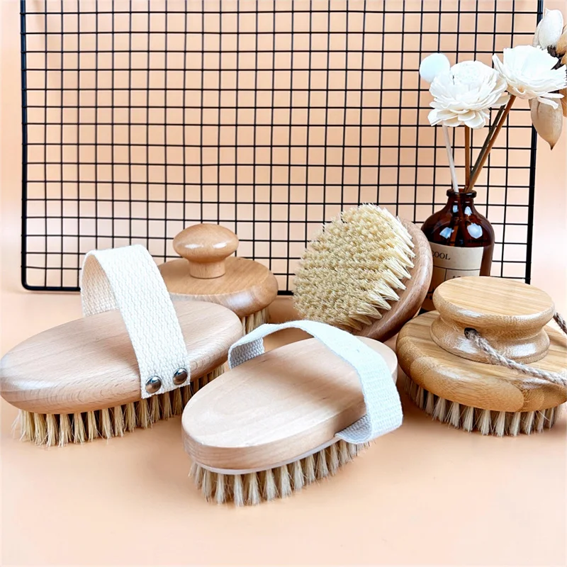 Luxury Sisal / Boar Bristle Skin Bath Brush Beechwood Body Brush Bamboo Massage Back Body Cleaning Brush For Shower