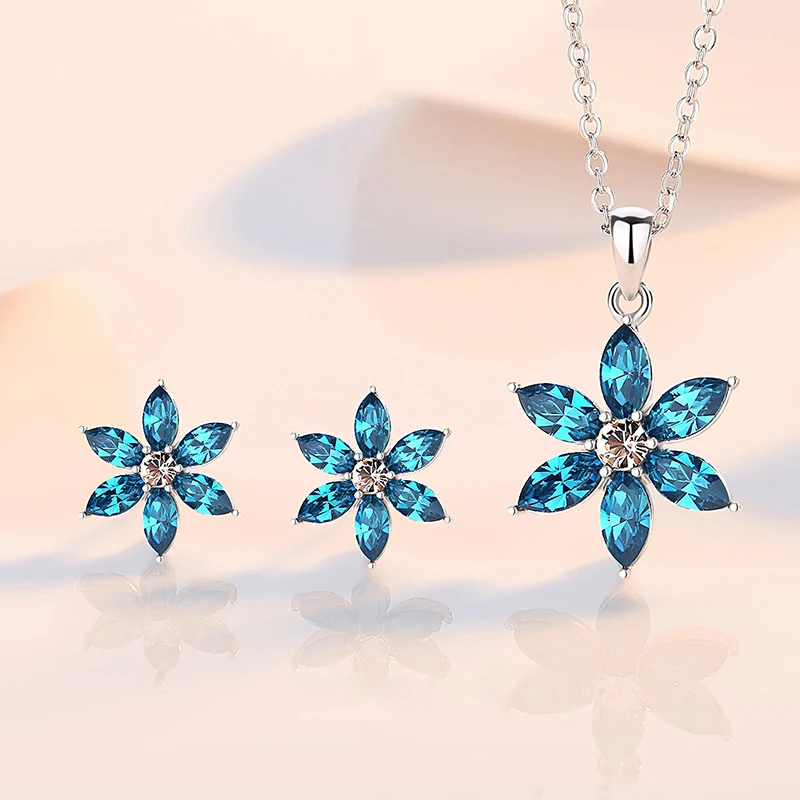 High Quality S925 Sterling Silver Jewelry Austrian Crystal Lucky Flower Earrings Necklace