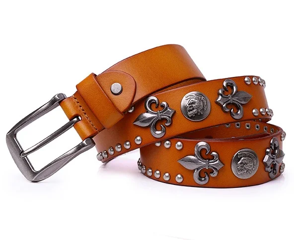 Ремень из натуральной воловьей кожи для мужчин и женщин, повседневный пояс в стиле панк-рок, цвет коньяк, с шипами в виде черепа, чёрный коричневый