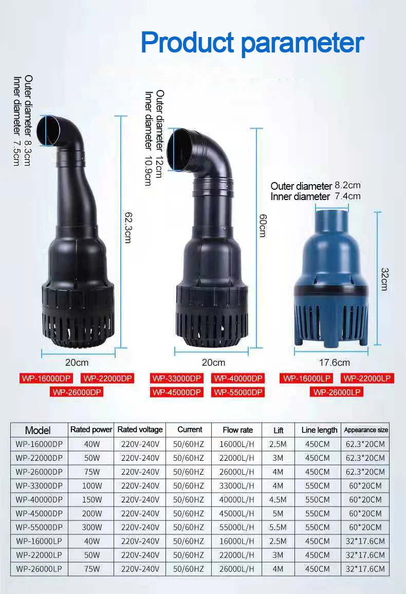 Small large flow silent submersible circulating pump for fish pond 40w50w100w150w200w300w