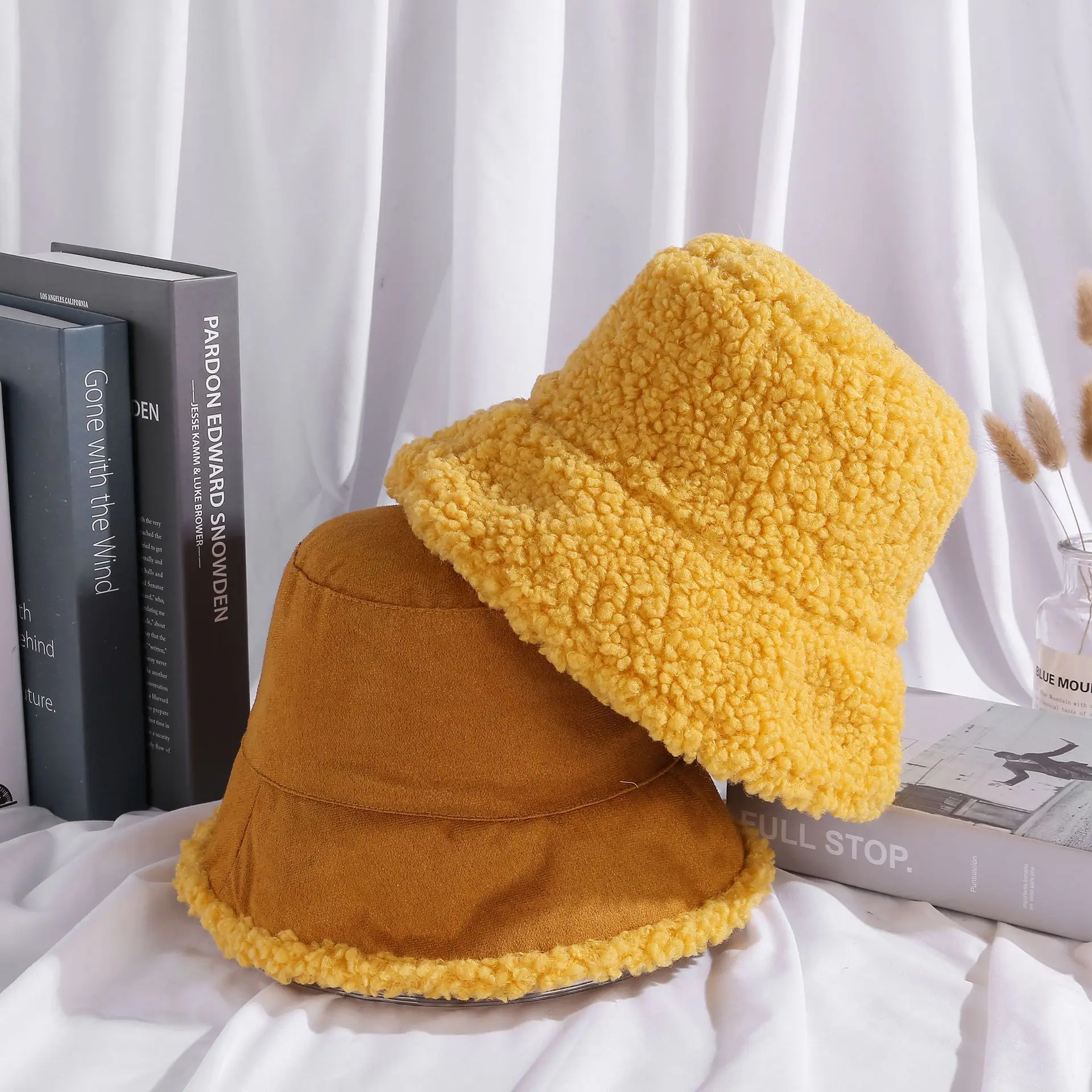 Custom design double sides furry bucket hats women 100%poly cute bucket hats