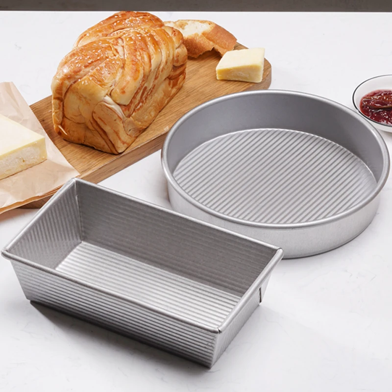 Heavy Duty Round Cake Pan,  Aluminized Steel Loaf Pan, 9inch,1 Pound, Silver corrugated surface design,silicone coating