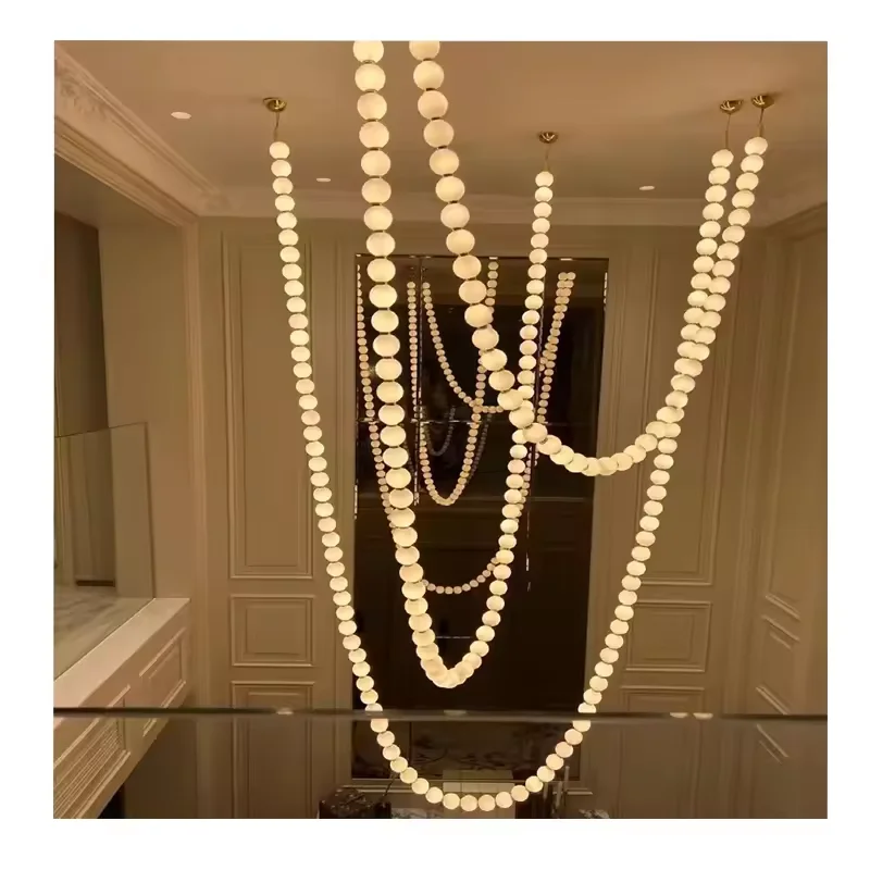 Custom Residential Decoration Luxury Pearl Necklace Creative Chandelier Hotel Duplex Building Villa Led Acrylic Pendant Light