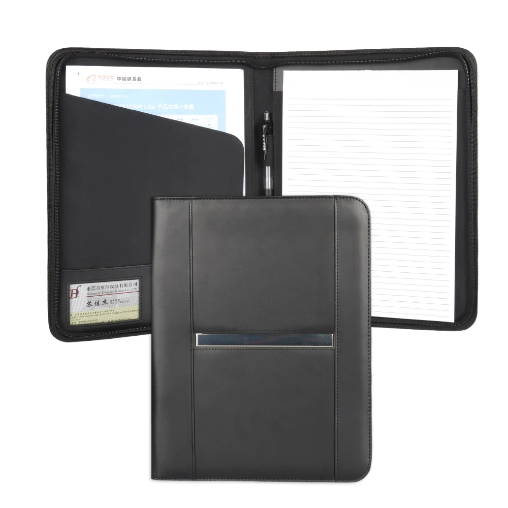 Wholesale Zippered Padfolio Folder With Stainless Steel Logo A4 Conference Organizer With Notepad PU Leather Portfolio Folder
