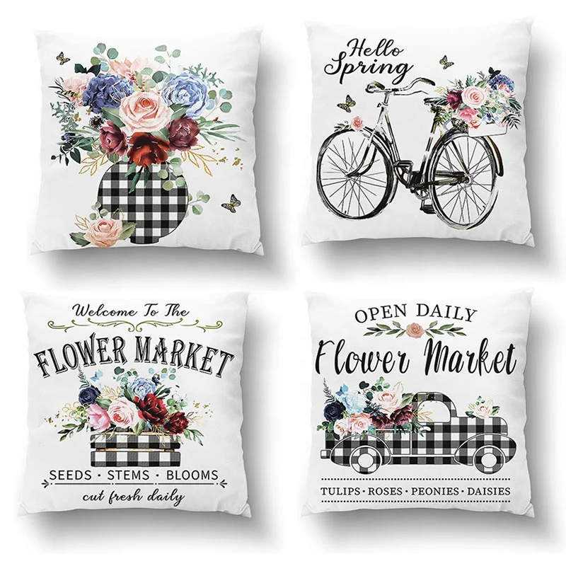 Welcome to the Flower Market Watercolor Flowers Floral Buffalo Plaid Throw Pillow Covers