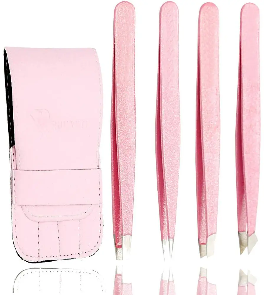 4 Piece Professional Stainless Steel Tweezers Set Eyebrow Tweezers Slant Tip Pointed and Straight