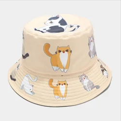 Japanese lovely cat print bucket hat summer outdoor students double-sided fishman hat