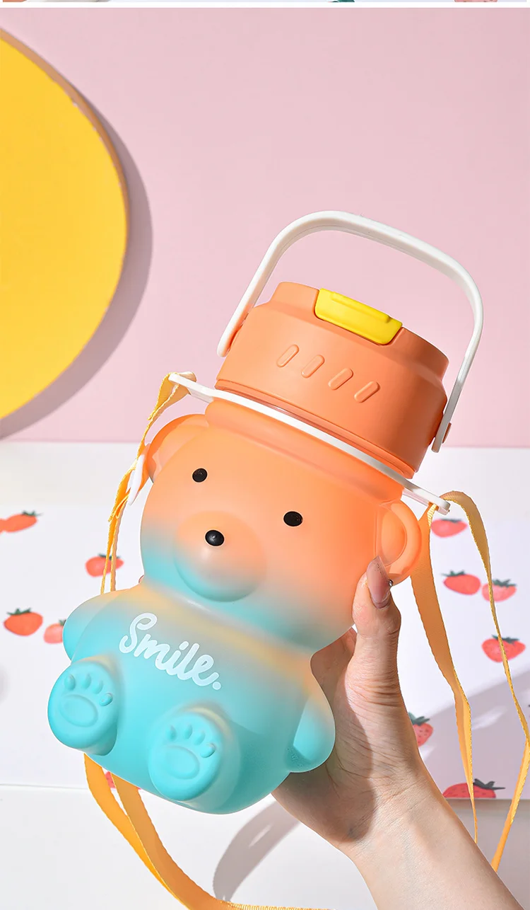 Large Capacity 350ml-1100ml Portable Water Bottle Summer Gradient Bear Design Cute Plastic Cup Girls Kids Made Silicone PP Food