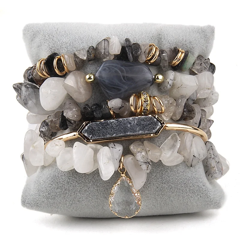 Women Handmade Boho Jewelry Natural Stone Nugget chunks Bracelet Irregular Stone Charm Druzy Bangle Stack Bracelet Set