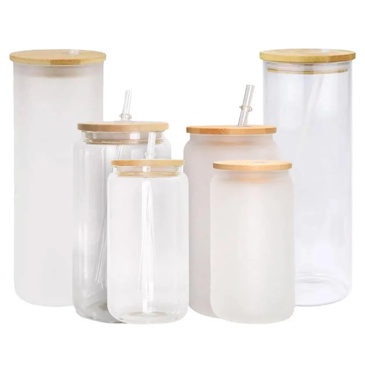 16oz Drinking Glasses Beer Glass Cups with Bamboo Lids and Glass Straws