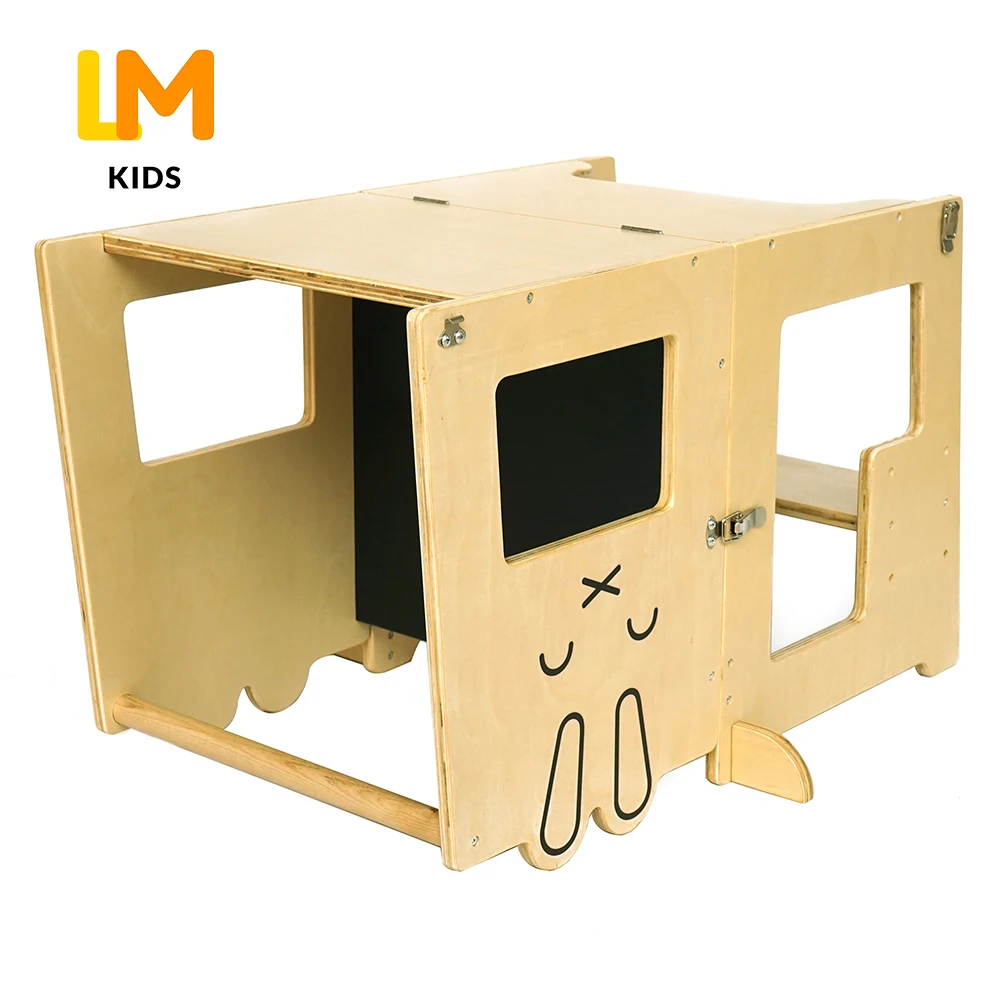 Montessori plywood and birch cartoon animal 2 in 1 kitchen helper step stool wooden folding children learning tower