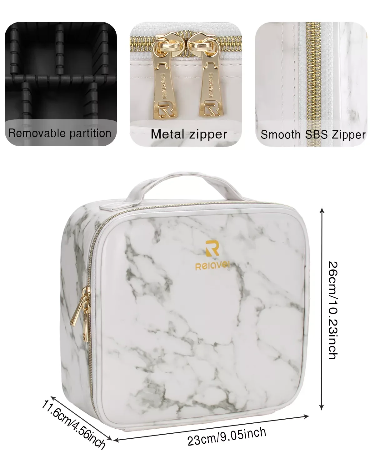 Relavel Professional Marble with Adjustable Dividers Cosmetic Case Brush Organizer Portable Waterproof  Makeup Case Bag