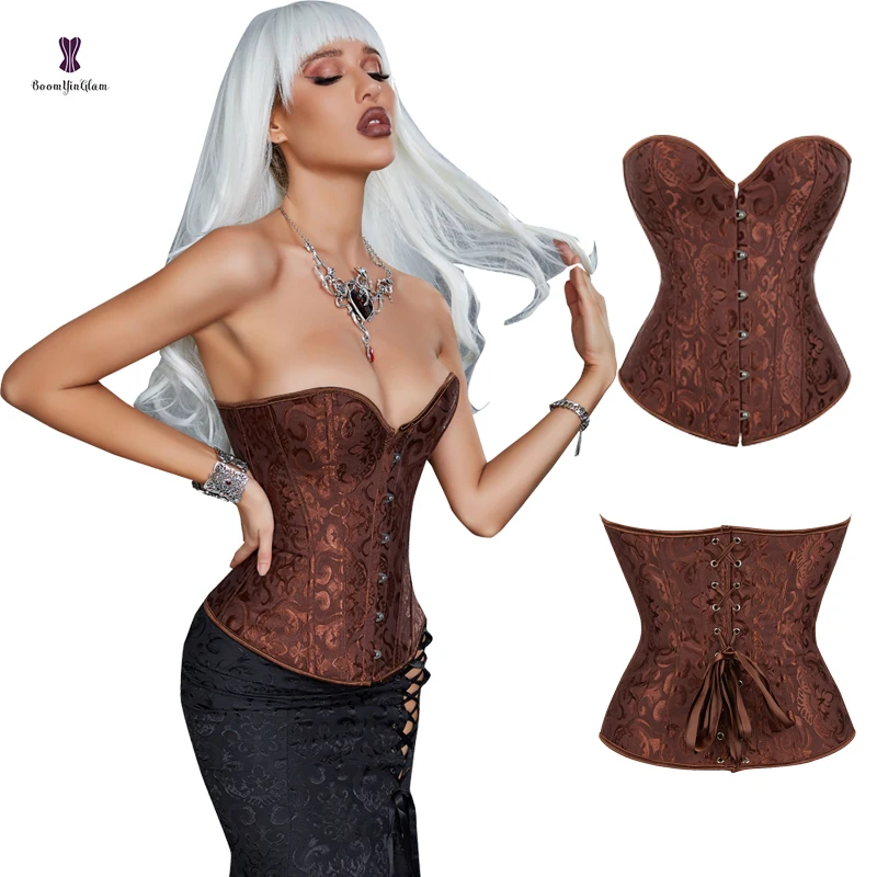 Women Boned Lingerie Waist shaper dark Red Jacquard Overbust Body Shaper Corset Slim Body Underwear Bustier