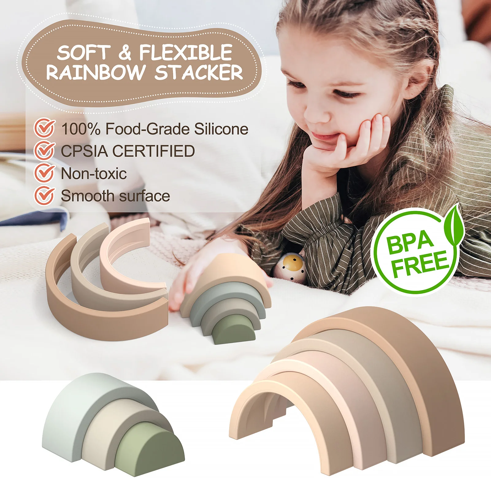 Hot Sale 7 Layers Rainbow Brown BPA Free Food Grade Silicone Blocks Baby Chew Teething Kid Learning Rainbow Stacking Toys