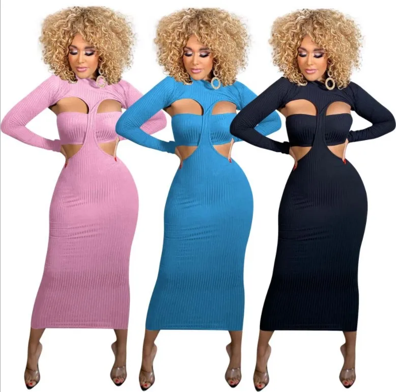 z9146-2021 winter 3colors corset crop top and hollow maxi dresses rib knitted bodycon dress