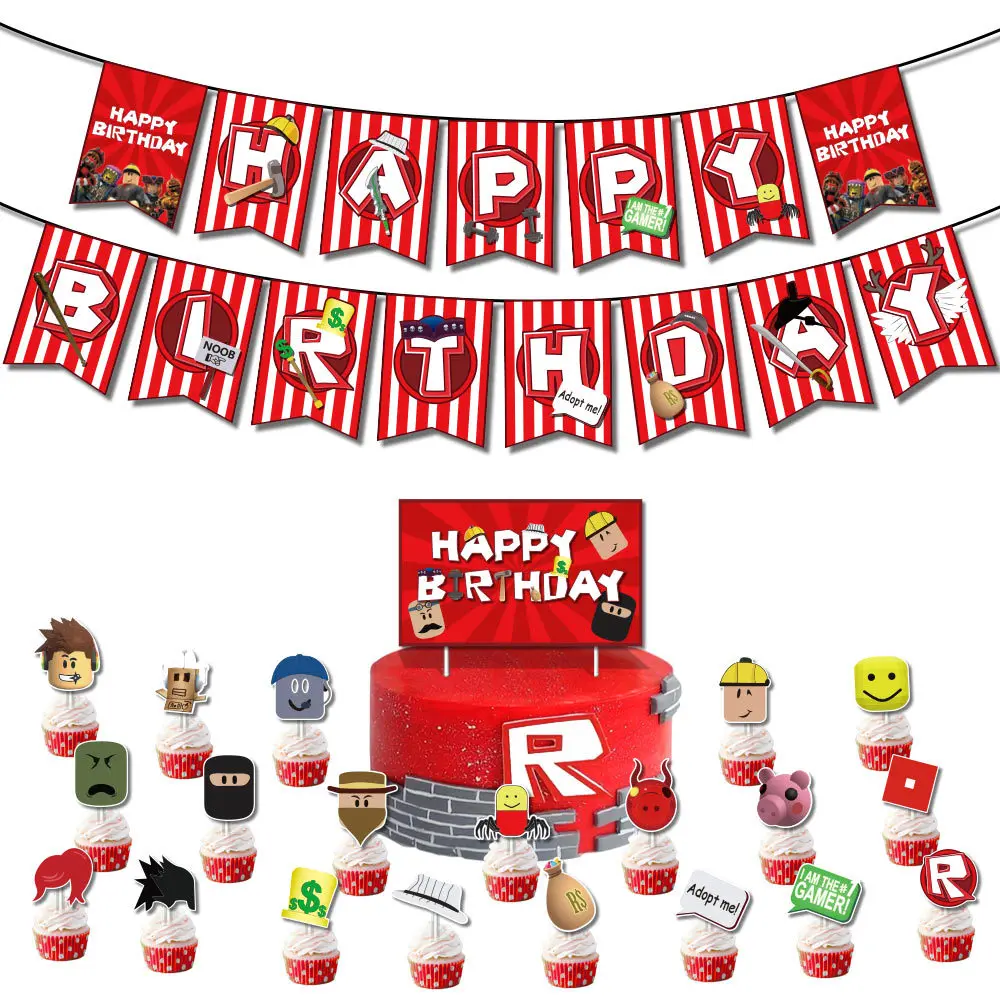Лидер продаж на Amazon, Набор принадлежностей для вечеринки в честь Дня Рождения Roblox, баннер на день рождения, топпер для торта из мультфильма