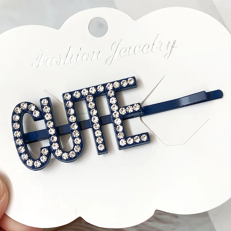 HLH004 Trade Assurance New Design Fashion Letters Studded With Crystal Hairclips Simple Cute Girls Letter Female Hair Pin