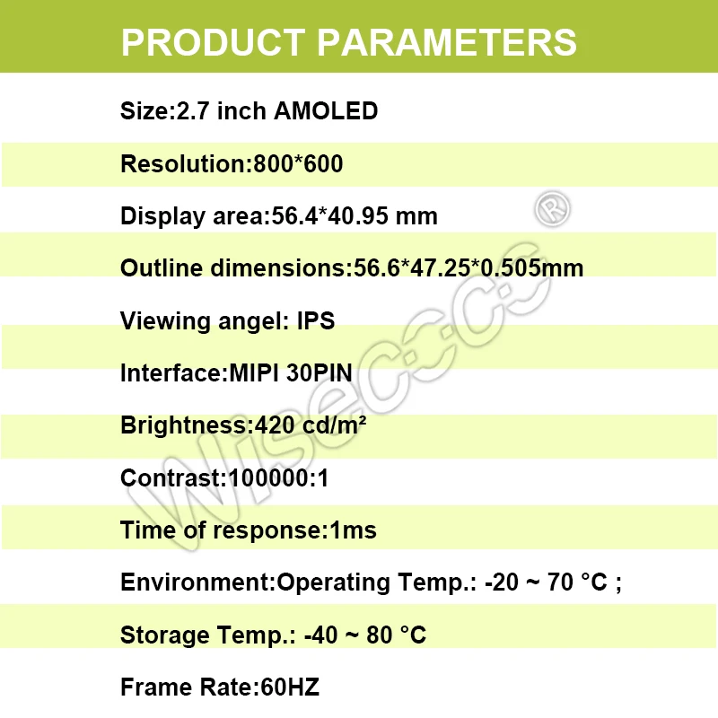 Wisecoco Oled Lcd Module 2.7 Inch 800*600 MIPI 30Pins High Contrast 420cd/m2 Amoled Display For Smart Home