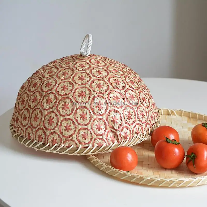 Bamboo basket vegetable cover kitchen household fly proof food cover tea drying basket fruit dustproof bambo woven round dustpan