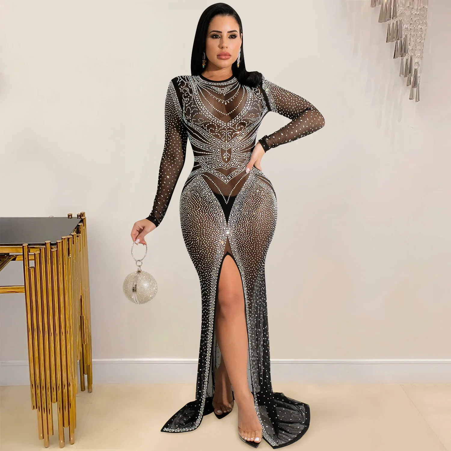 2022 Women Sexy See Through Diamond Mesh Hot Sale Ladies Club Bodycon porn sequin sheath elegant black evening dress