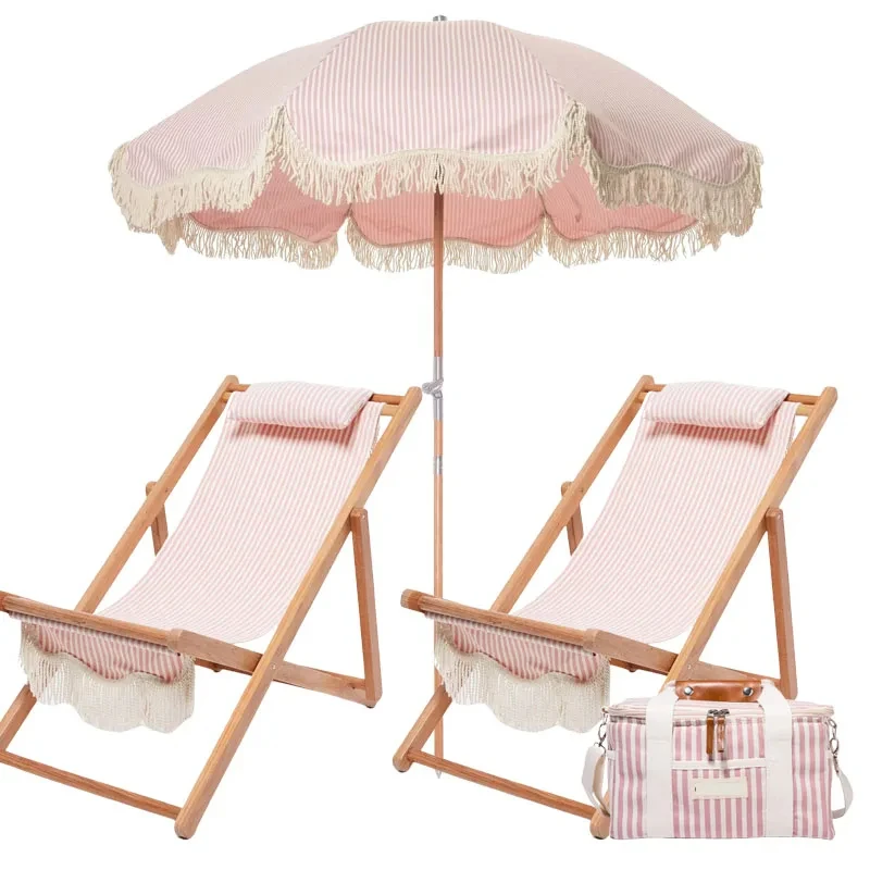 Premium Outdoor Beach Umbrella Set with Fringed Wooden Parasol, Comfy Chairs & Canvas Terry Tote Bags
