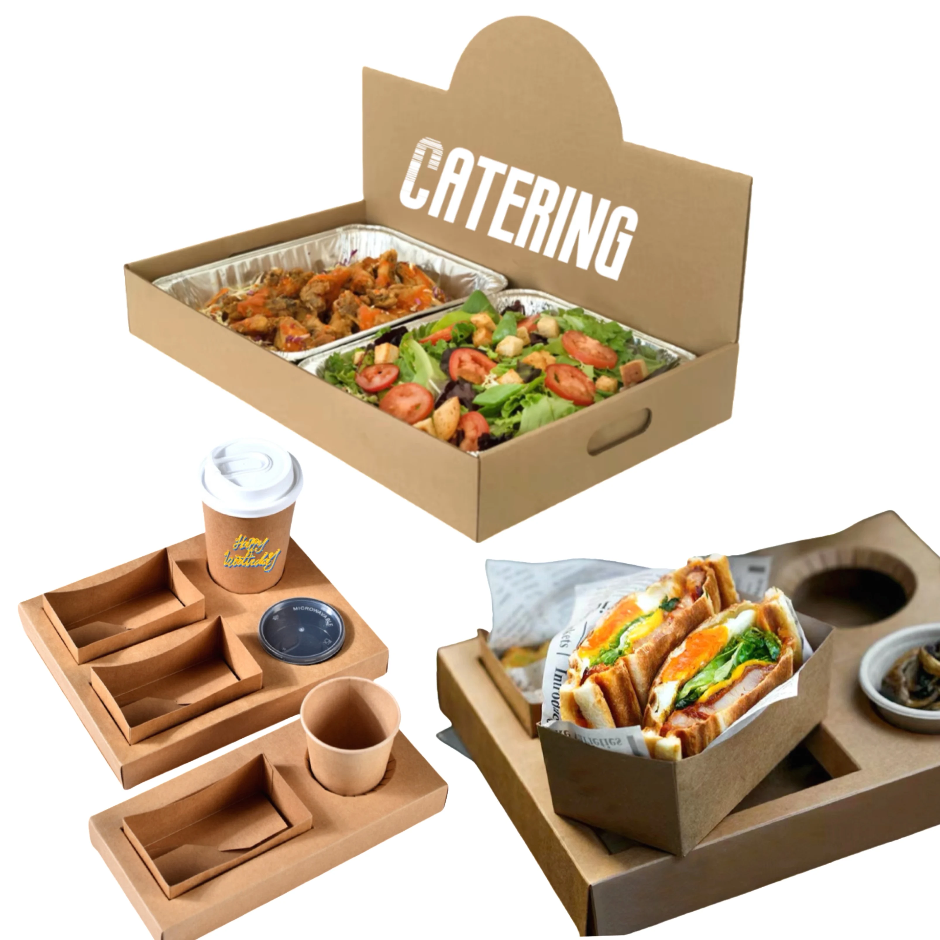 Custom Greaseproof Catering Box Recyclable Paper Card Lunch Food To-Go Boxes White Card Paper Catering Inserts Tray with Lids