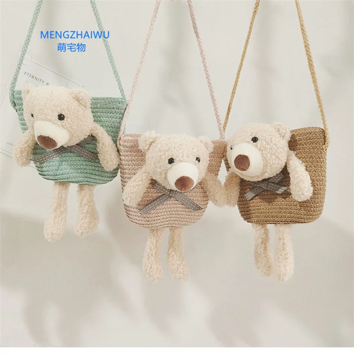 no stock mini crossbody bag straw eco friendly cute bear decoration toddler purses zipper childrens coin bag