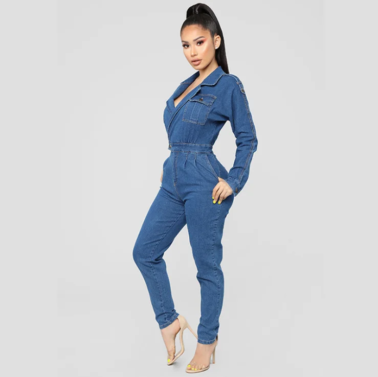 2019 Autumn High Quality Women  Denim Romper Long Sleeve V-Neck Jean Jumpsuits