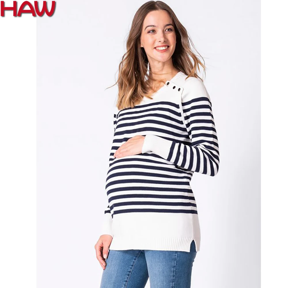 High Quality 100% BCI Cotton Maternity Long Sleeves With Buttons On Shoulders Pregnant Women Pullover Striped Sweater