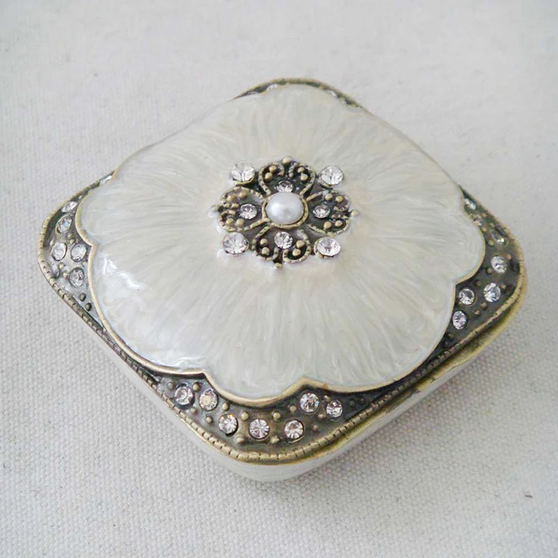 Vintage Brass Blue White Coffee Epoxy Metal Zinc Alloy Jewelry Trinket Box Square With Rhinestones And ABS Pearls Jeweled