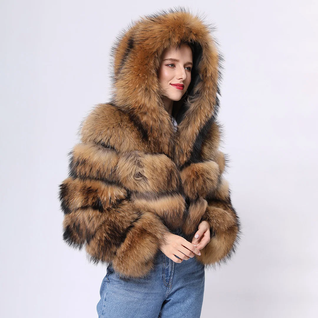 Elegant Breathable Free Logo Women Real Raccoon Fur Coats Wholesale
