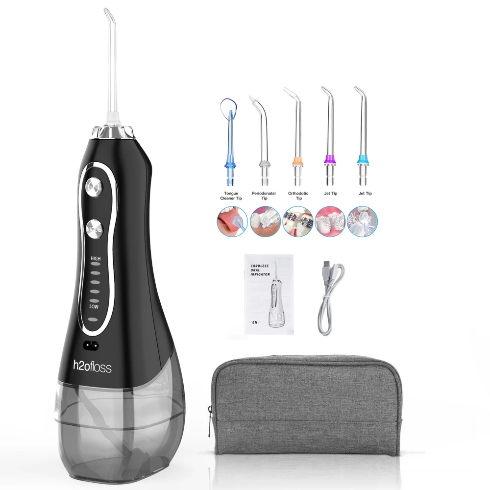 Rechargeable and portable water flosser with 5 tips and nozzle case for personal teeth cleaning diy