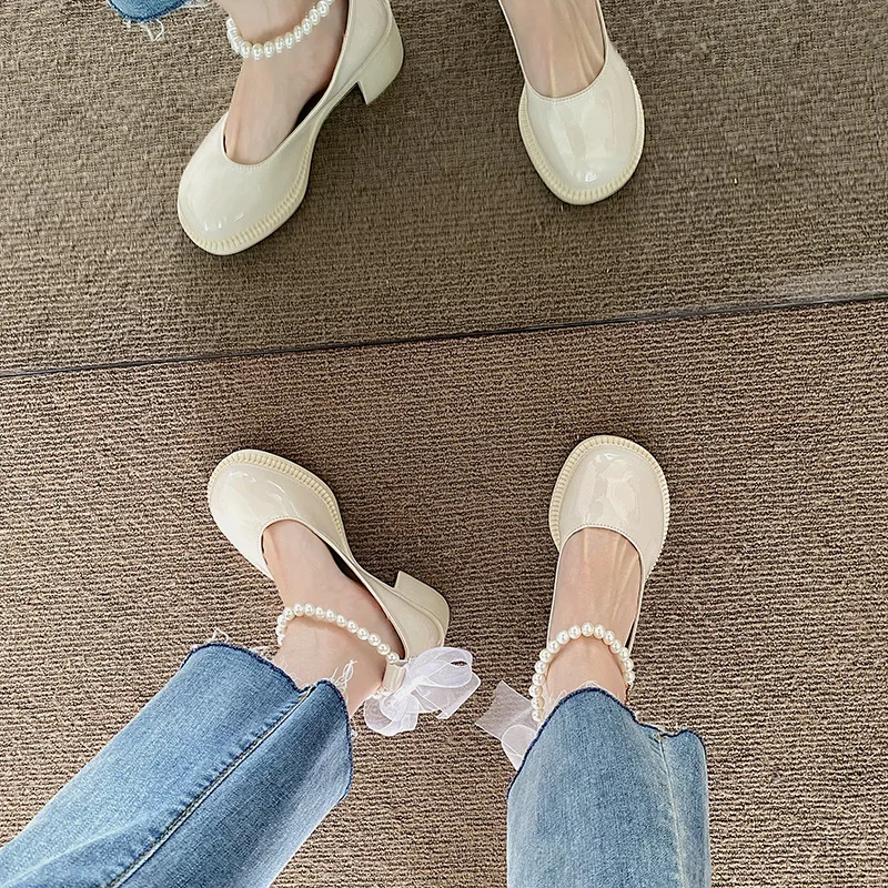 Round Head Square Chunky Thick Platform Crystal Pearl Jewellery Chain Ribbon Butterfly Bowknot Latest Design Mary Jane Shoes