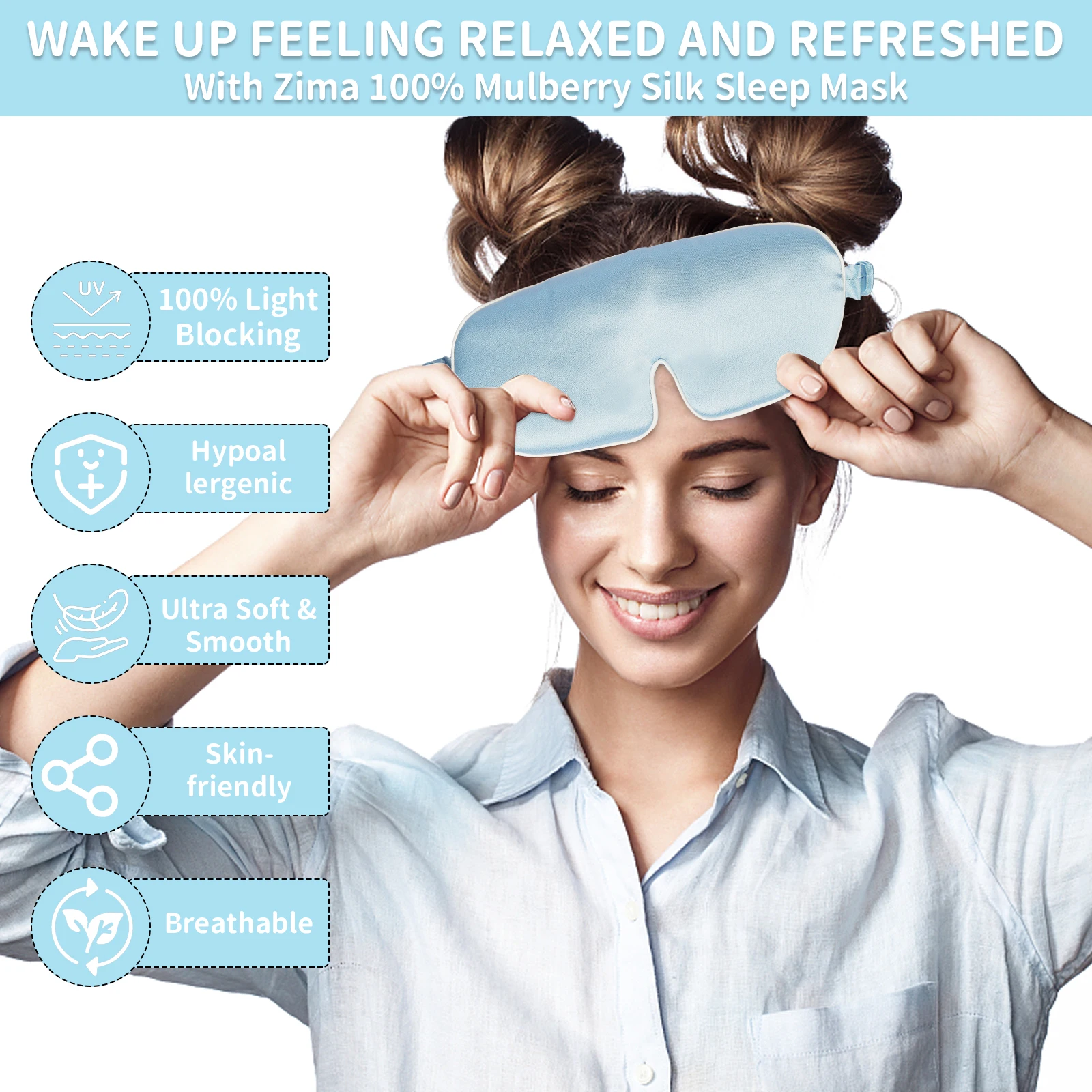 Blue Silk Sleep Mask Face-Hugging Padded Silk Cocoon For Luxury Sleep In Total Darkness For Home or Plane Travel