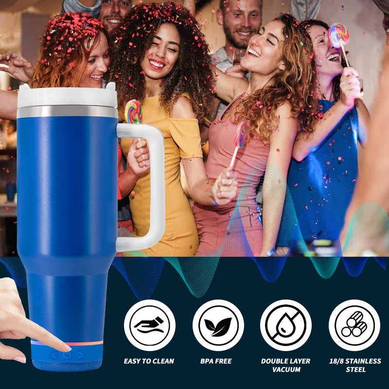 Custom logo & Box Reusable 1200ml Double Wall Tumbler 40oz Stainless Steel Travel Mug with Durable Bluetooth Speaker