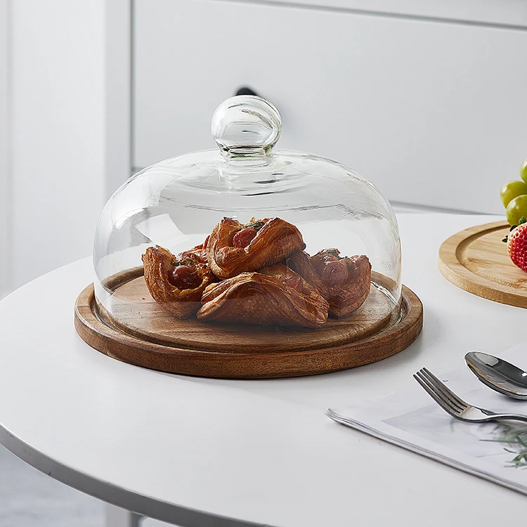 Wholesale Wooden Cake Plate Holder with Cover Acacia Wood Cake Stand with Glass Dome for Cake Cupcake Pastries Cookies Dessert