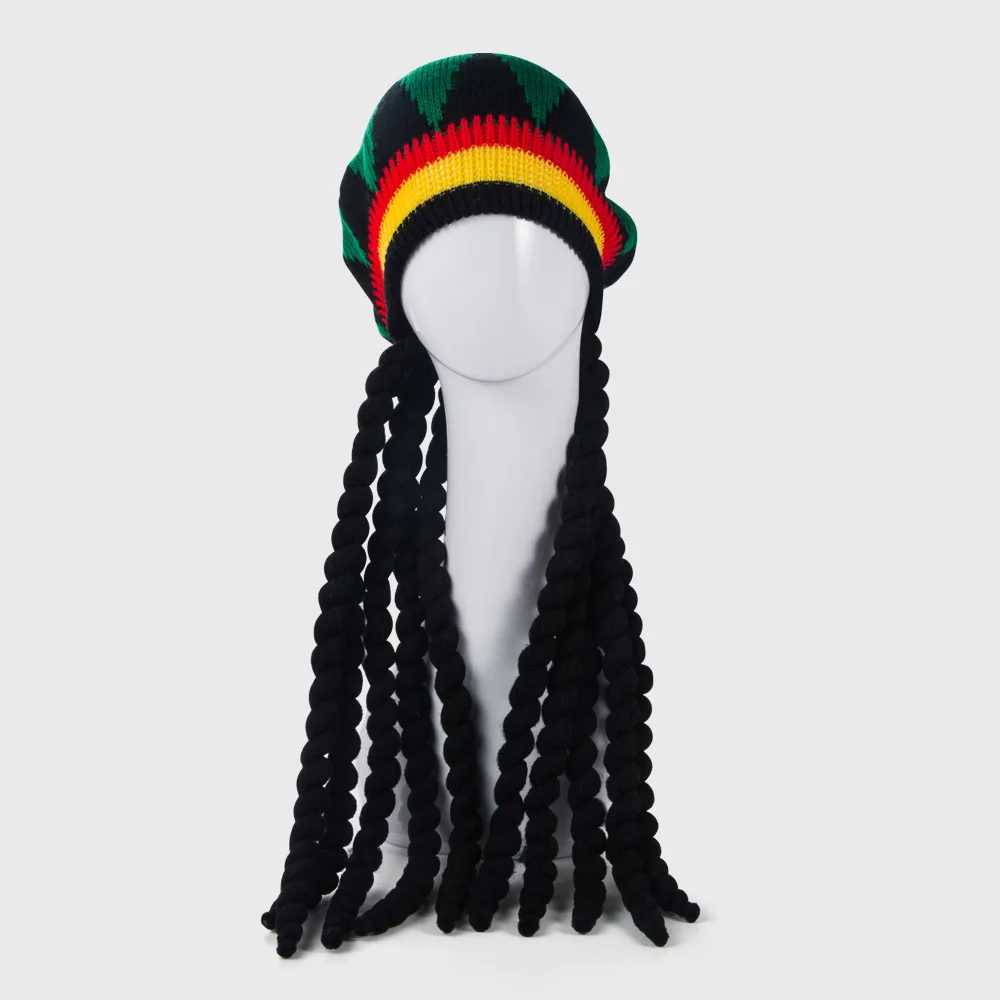 Caribbean Rasta Hat with Black Dreadlocks Wig for Halloween Party Travel Cosplay Costume