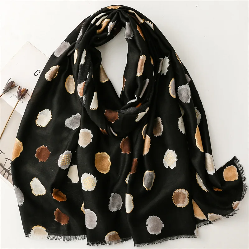 European fashion 180*90cm soft viscose gold foil scarves women print cotton hijabs black and white polka dotted printed shawls