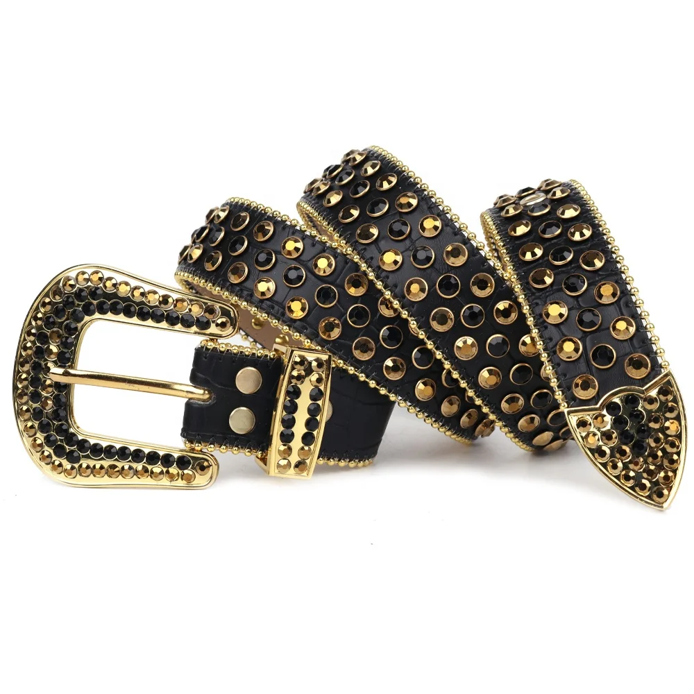 TENGMEI Western Designer Cheap Rhinestone Belts 2022 Bling Bling Black And Gold Diamond Studded Belts